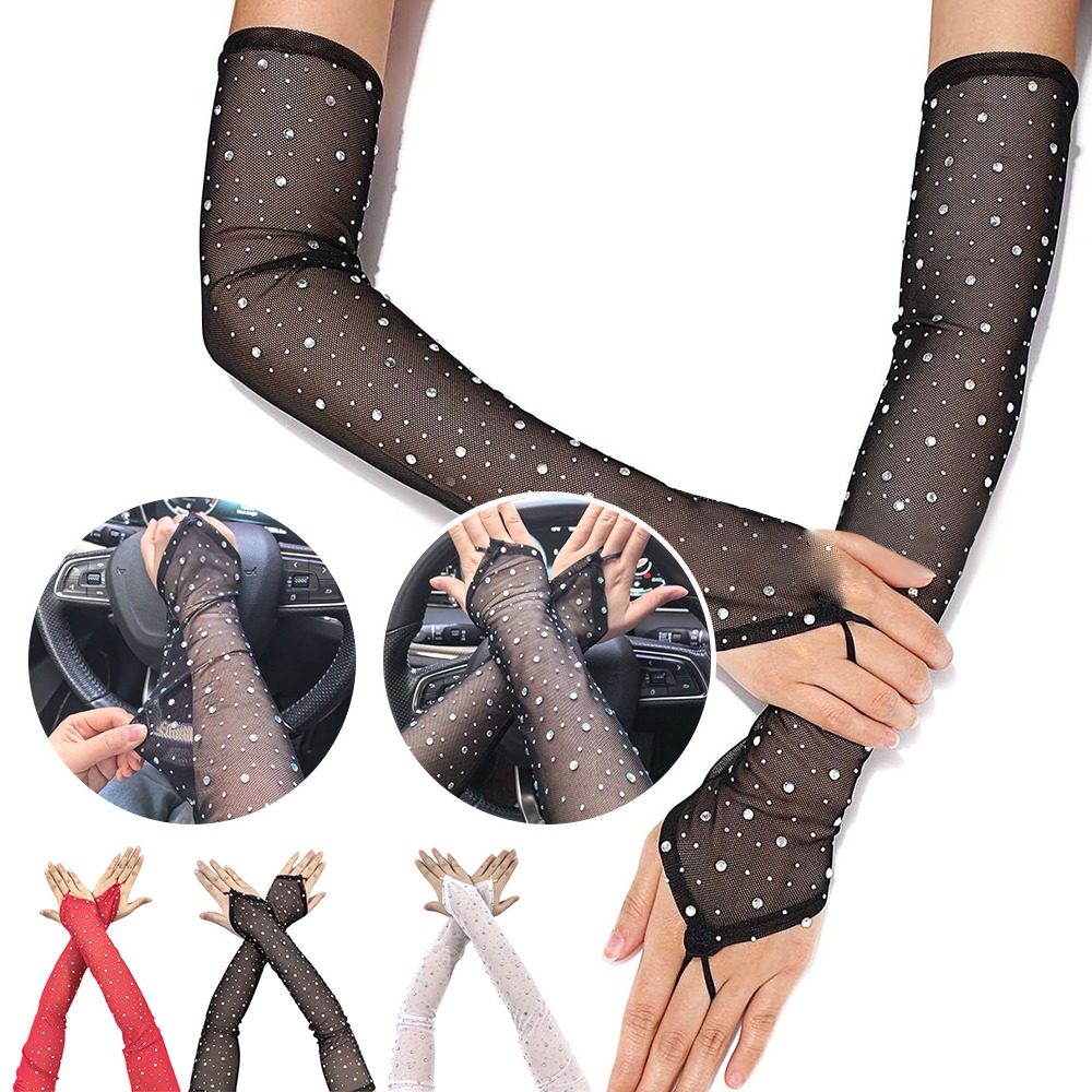 1 Pair Shiny Rhinestone Mesh G - đánh giá và giá Fingerless Glove Knit